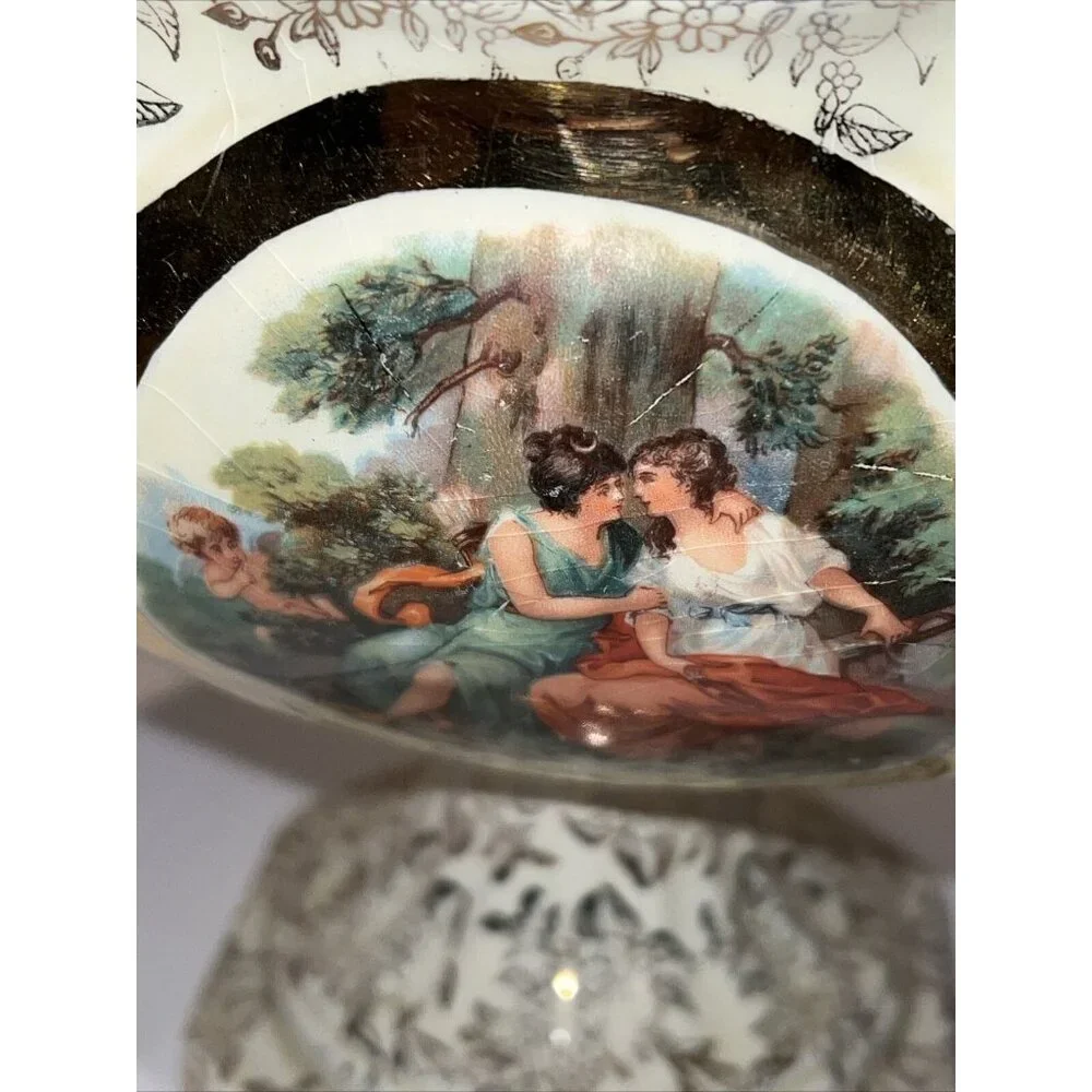 Vintage Empire Ware England Gold Pedestal Dish Centerpiece‎ with Victorian Scene